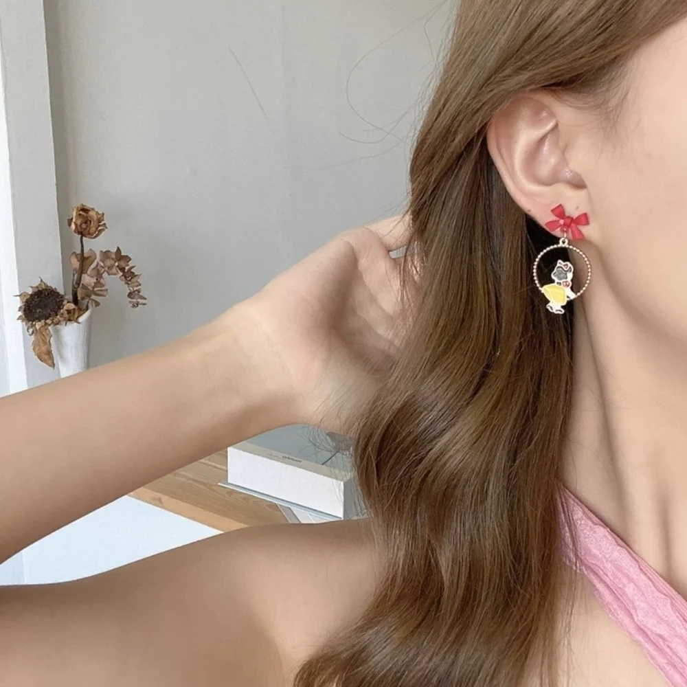 Disney Style Snow White Drop Earrings Red Bow & Poison Apple Dangles
